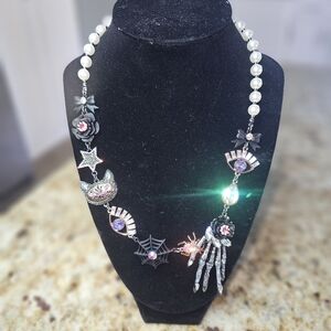 Pearl & Black Gothic Charm Necklace with Pink and Purple Accents